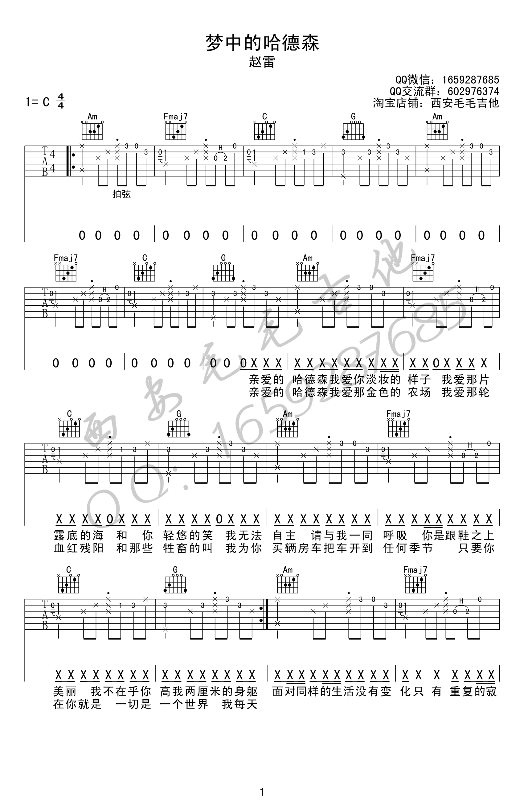 梦中的哈德森吉他谱_赵雷_C调弹唱谱_图片谱