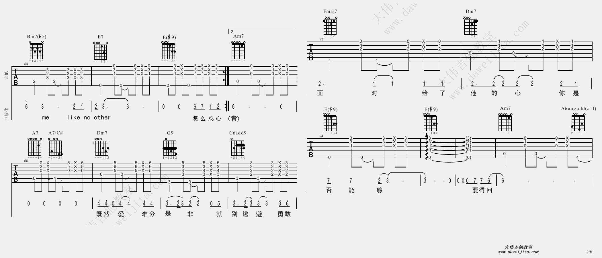 张信哲_过火_BossaNova__吉他谱(C调)_Guitar_Music_Score