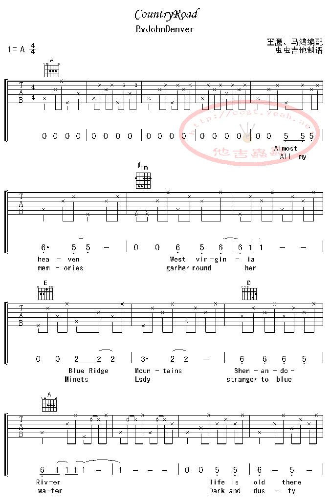 Country_road|吉他谱|图片谱|高清|欧美经典