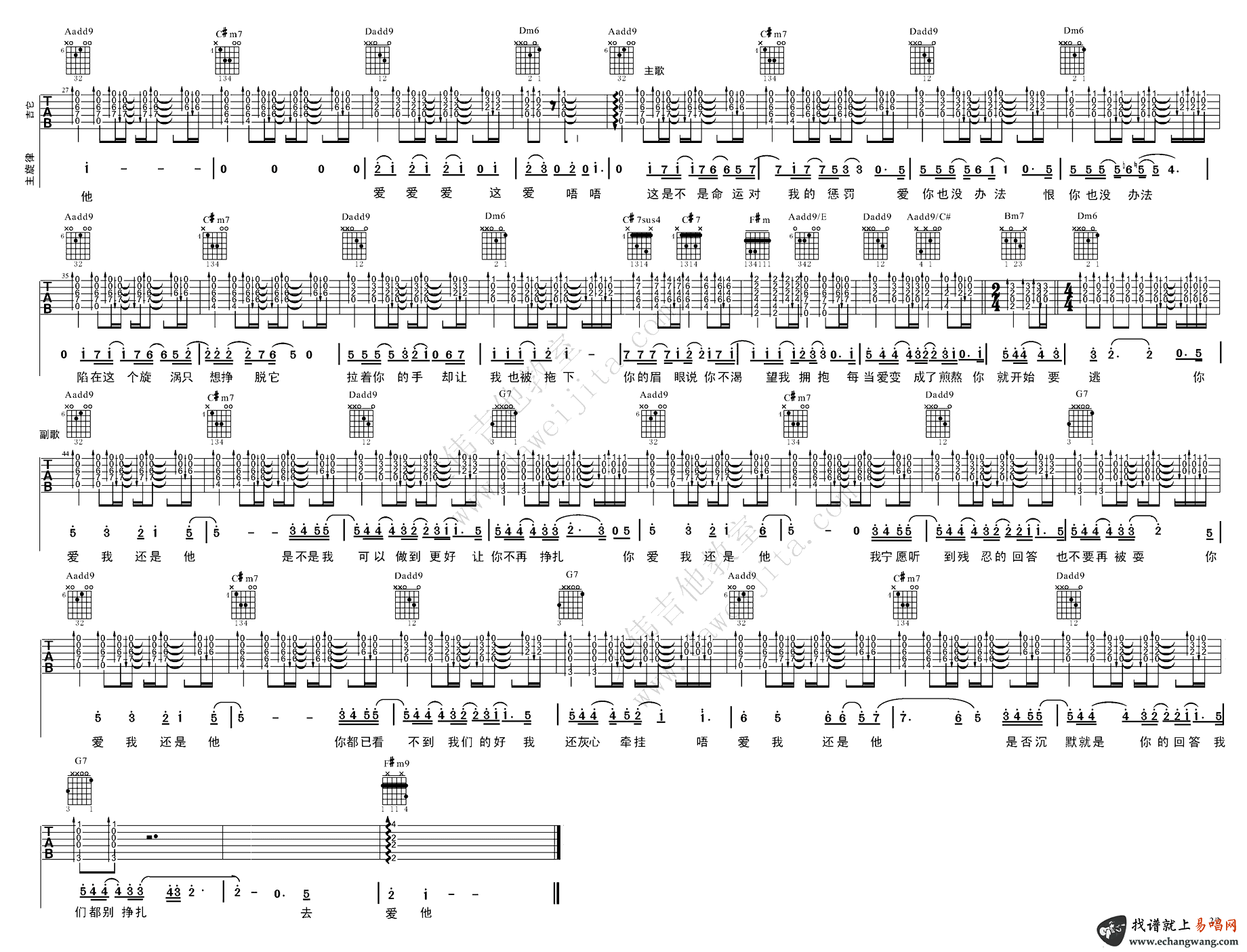 爱我还是他吉他谱_陶喆_吉他图片谱_高清