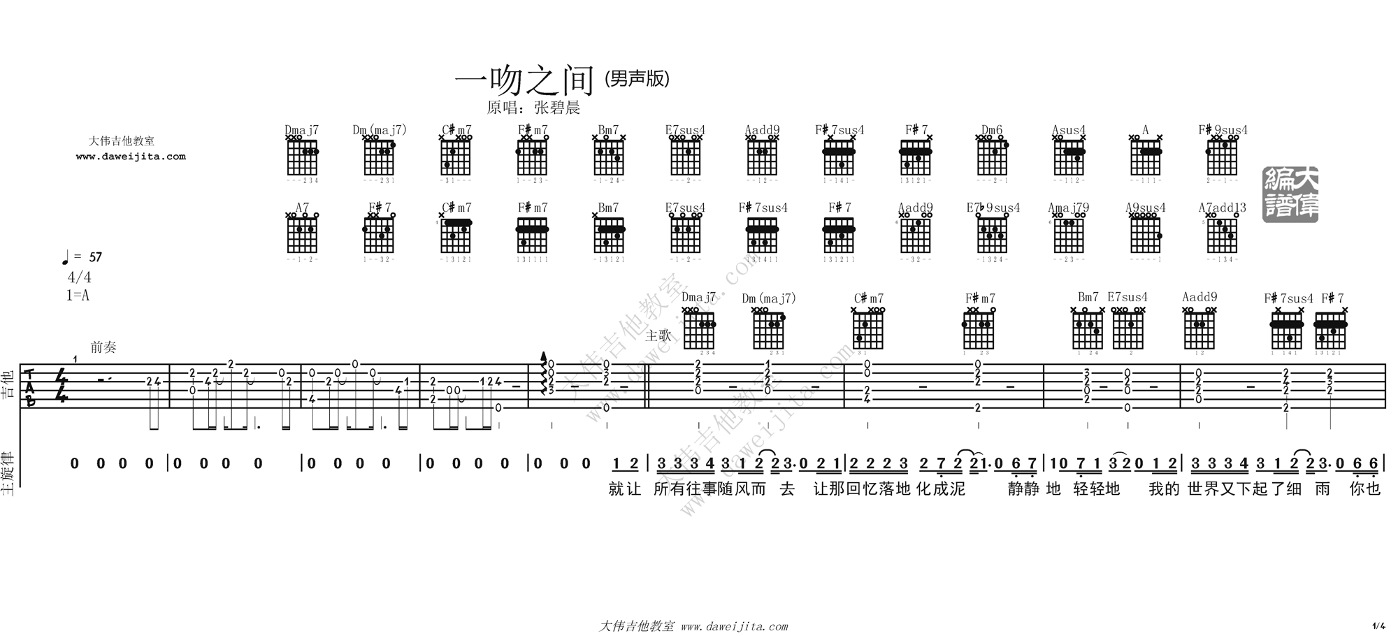 张碧晨_一吻之间_吉他谱(A调)_Guitar_Music_Score