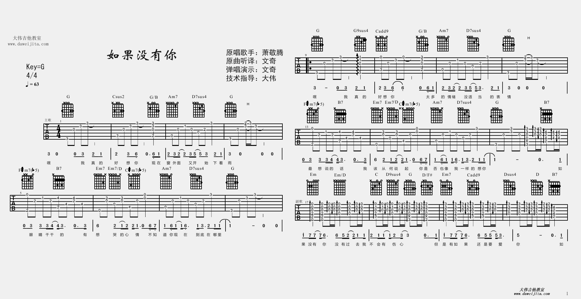 莫文蔚_如果没有你_吉他谱(G调)_Guitar_Music_Score