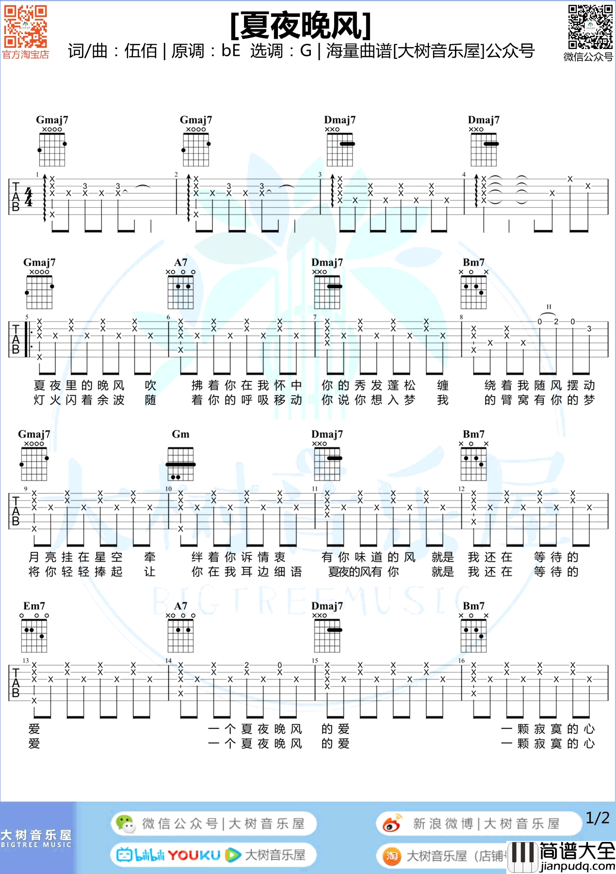 夏夜晚风吉他谱_伍佰_G调_吉他弹唱教学