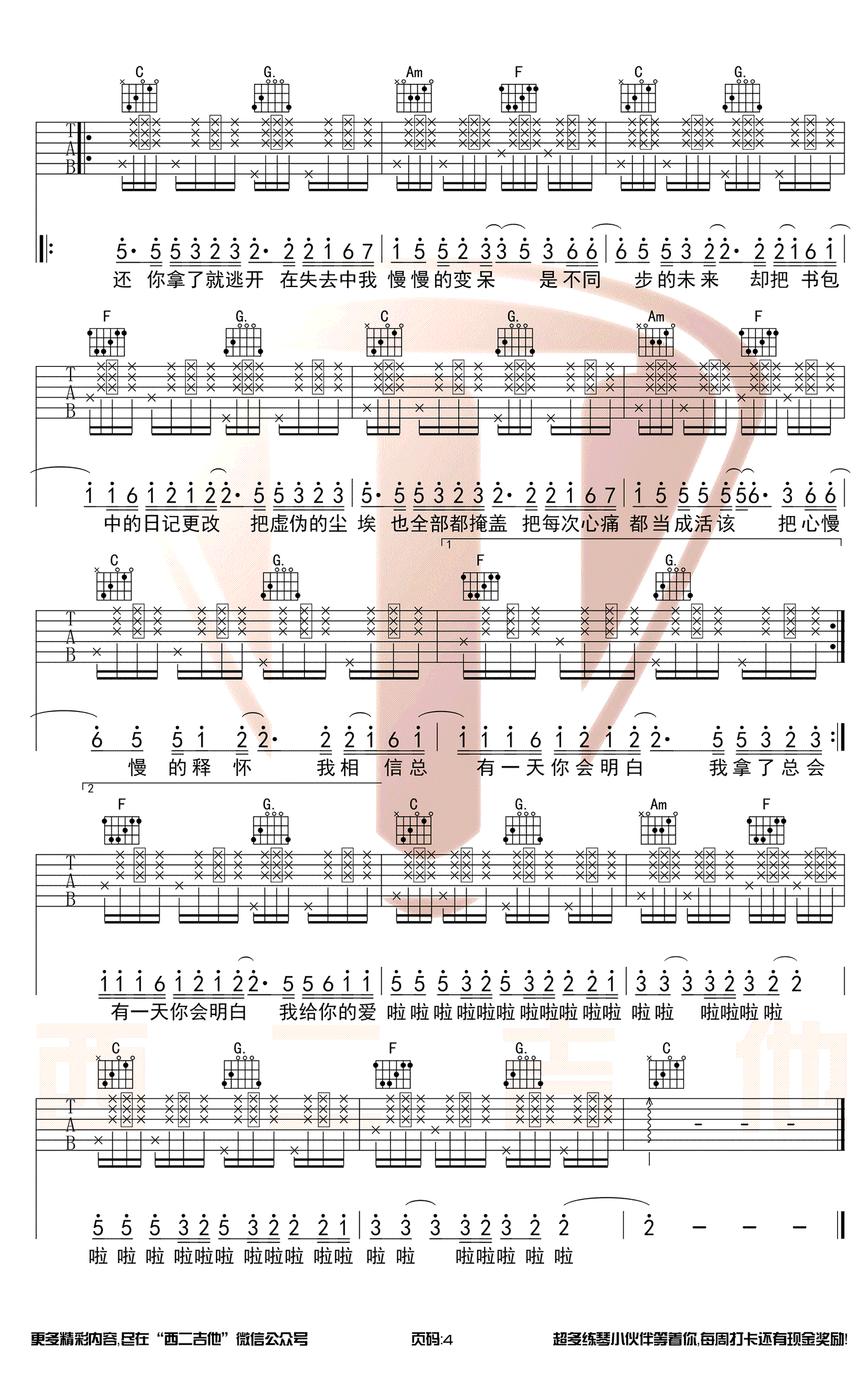 去年夏天吉他谱_家家/王大毛_C调简单拍弦版_图片谱