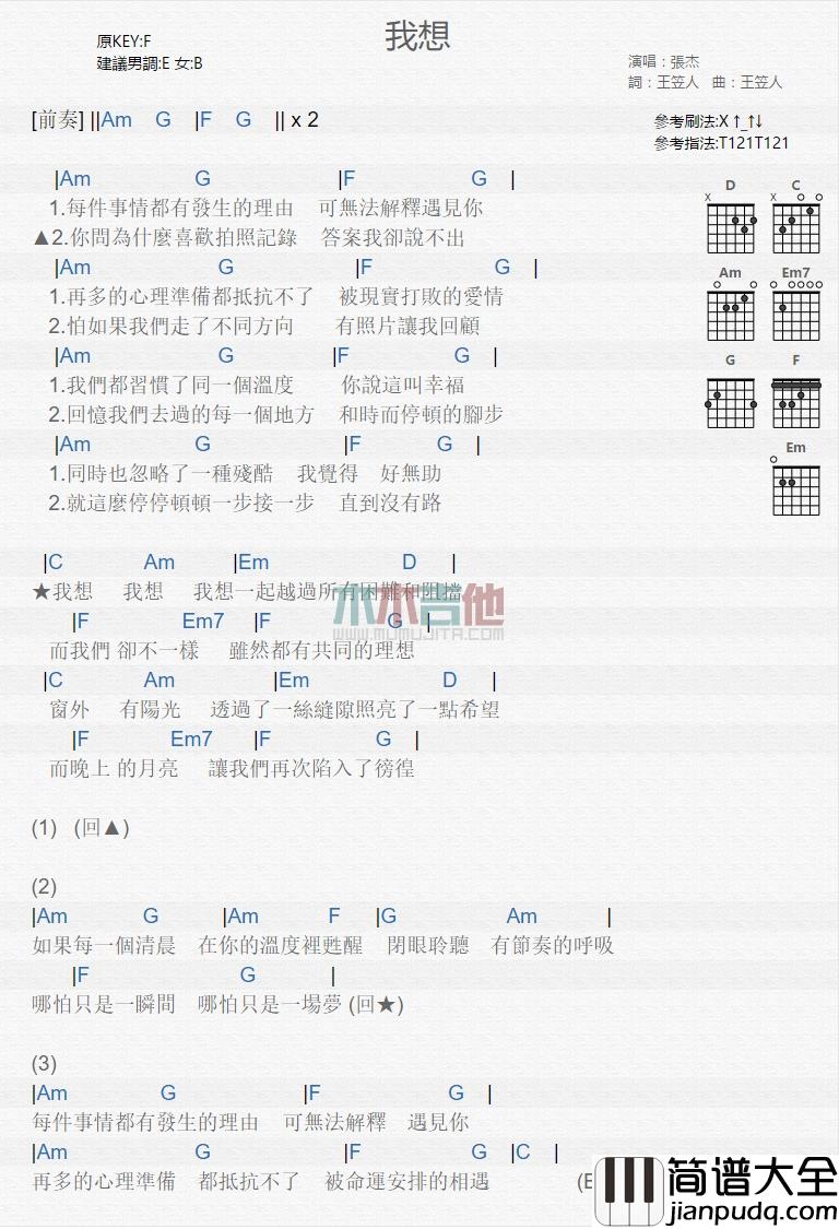 张杰_我想_吉他谱_Guitar_Music_Score