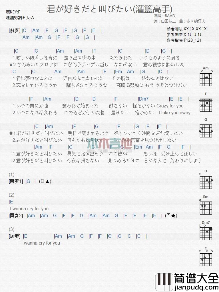 游戏动漫_好想大声说爱你_吉他谱_Guitar_Music_Score