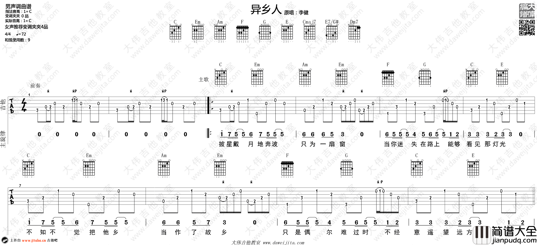 李健_异乡人_吉他谱_C调弹唱六线谱_高清版_吉他教学视频