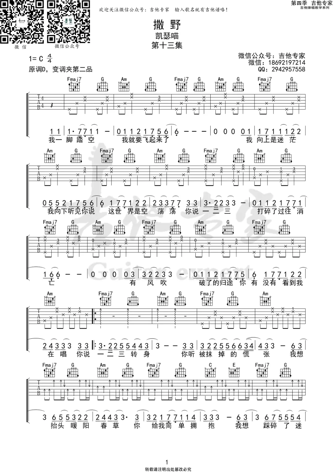 撒野吉他谱_凯瑟喵_C调指法原版编配