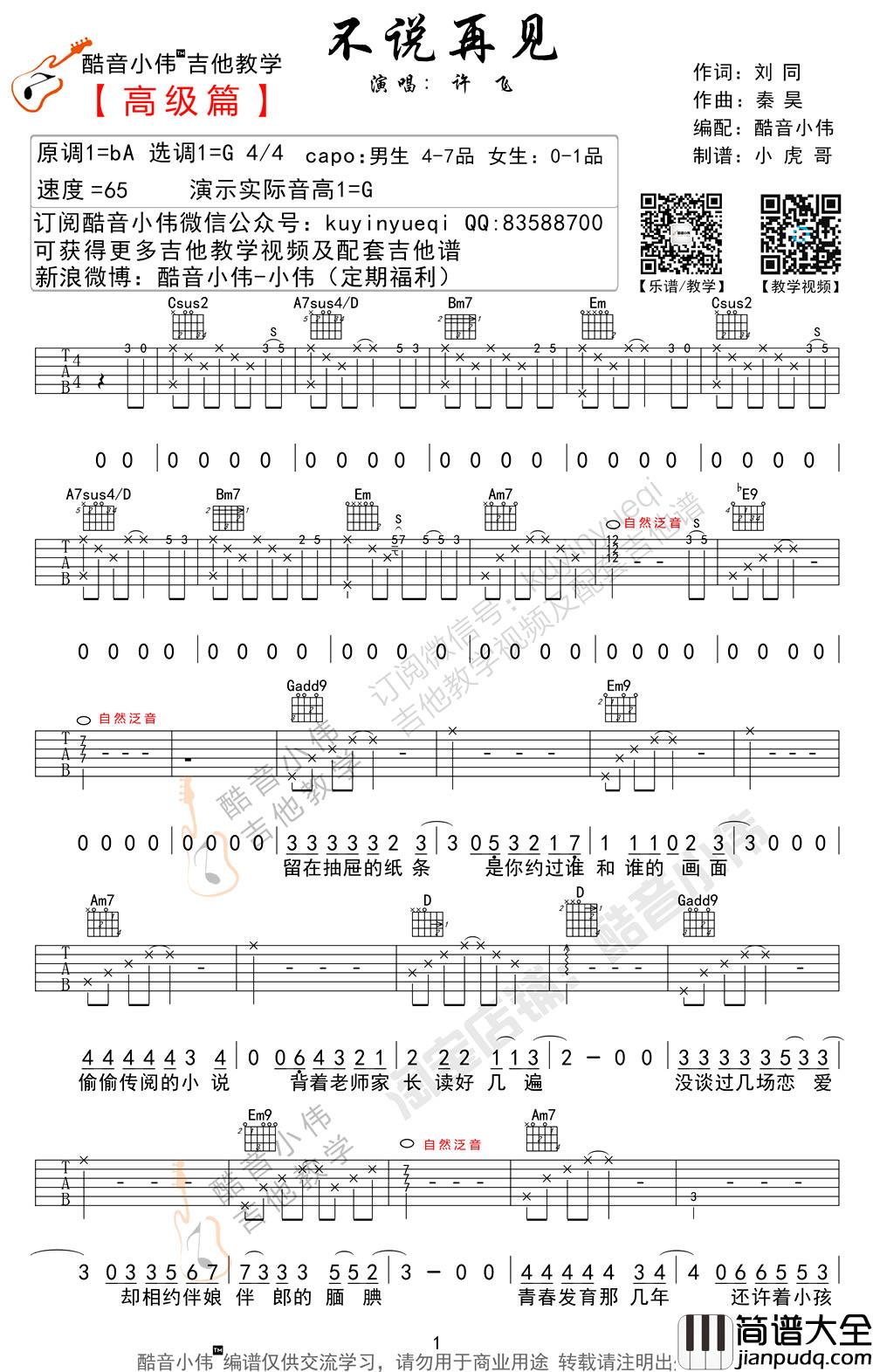 不说再见吉他谱_许飞女生版_吉他弹唱教学视频