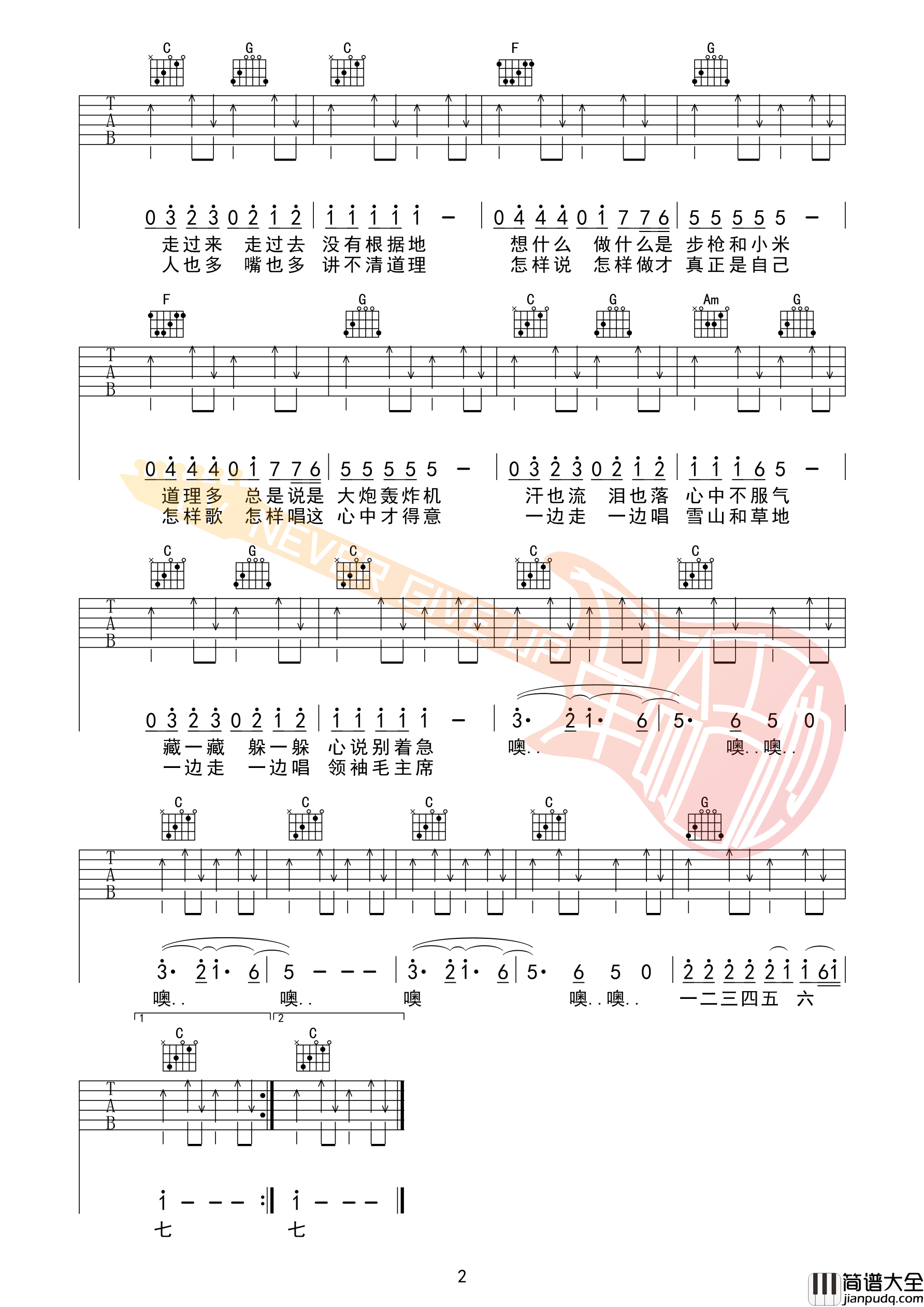 崔健_新长征路上的摇滚_C调吉他谱_革命吉他版