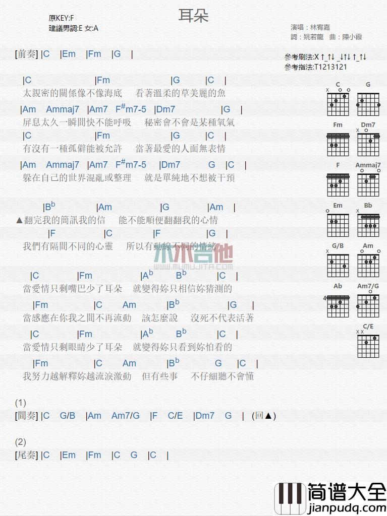 林宥嘉_耳朵_吉他谱_Guitar_Music_Score