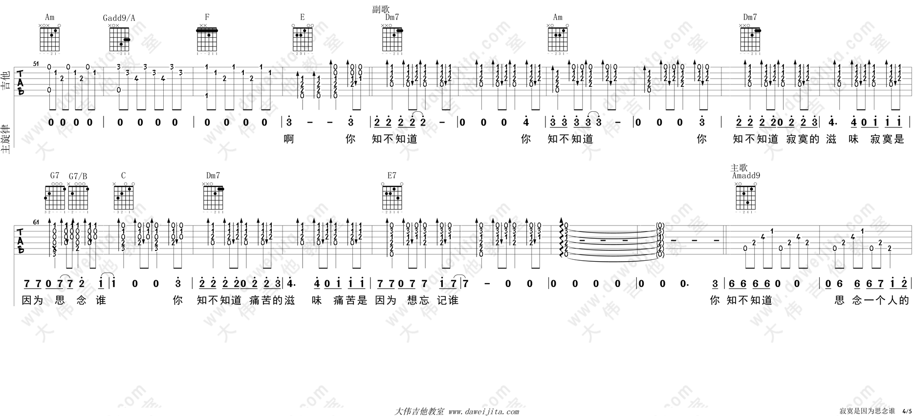 张磊_寂寞是因为思念谁_吉他谱(C调)_Guitar_Music_Score