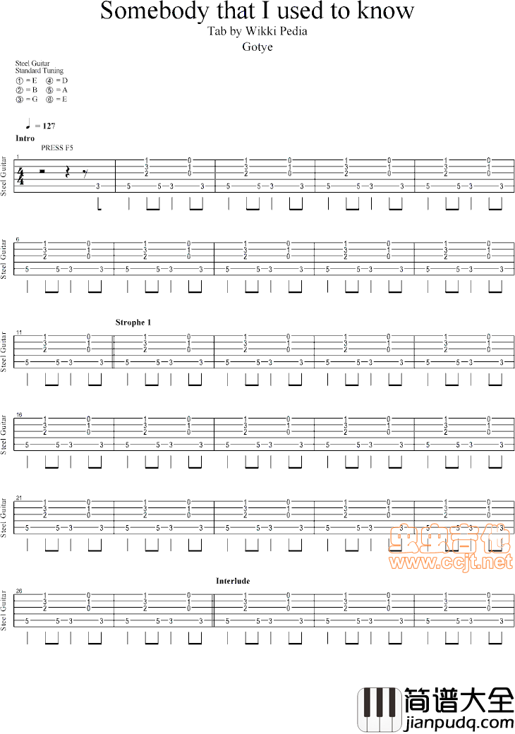 全网首发somebody_that_i_used_to_know_（可分多人版）|吉他谱|图片谱|高清|Kimbra