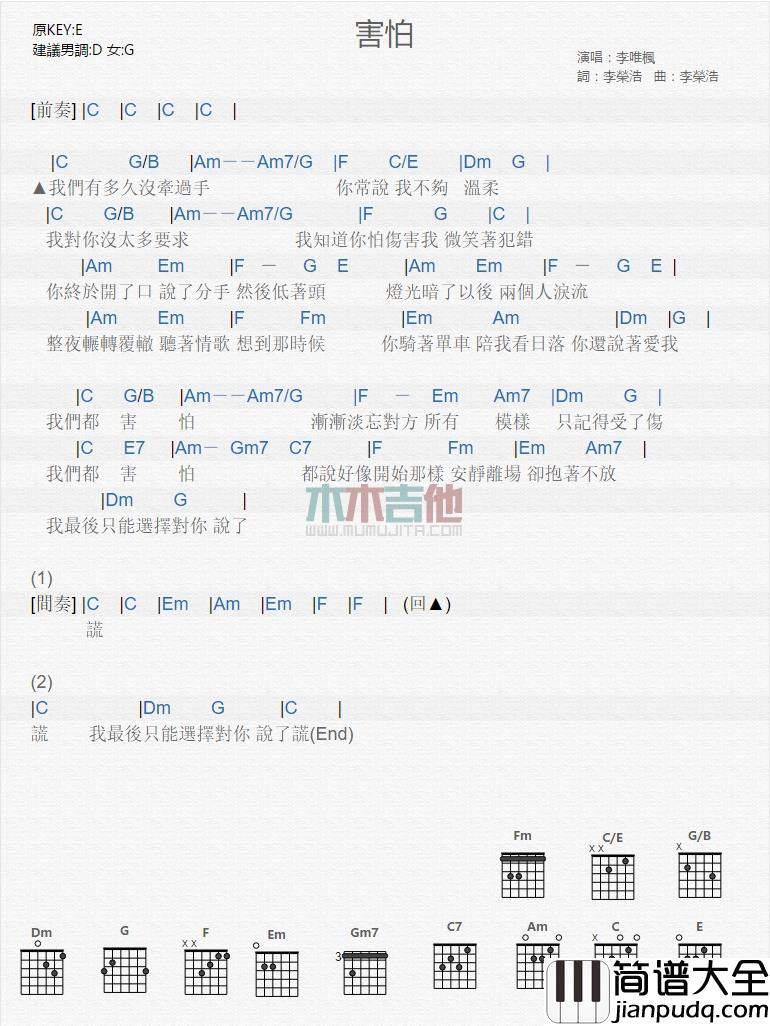 李唯枫_害怕_吉他谱_Guitar_Music_Score