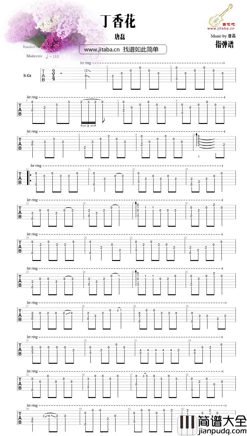 丁香花吉他指弹谱_唐磊_丁香花独奏曲(图片谱)