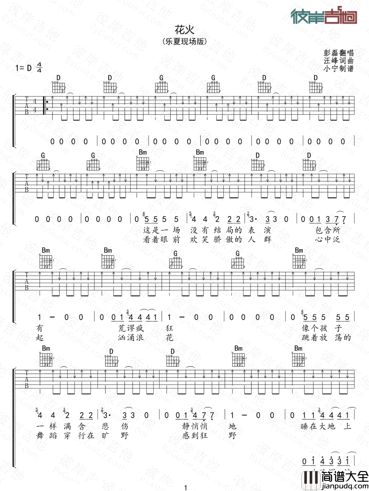 花火吉他谱_新裤子乐队_D调指法原版编配