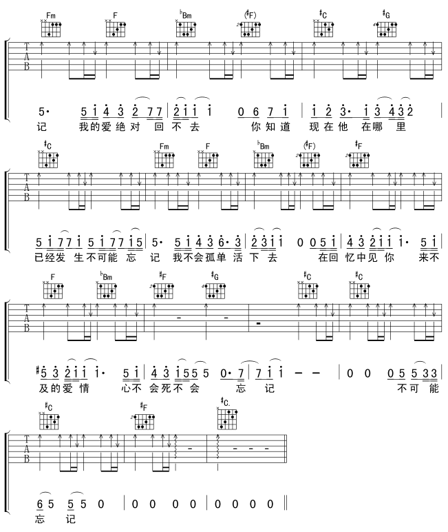 不可能忘记|吉他谱|图片谱|高清|范逸臣