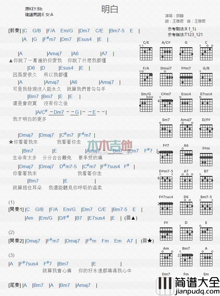 郭静_明白_吉他谱_Guitar_Music_Score