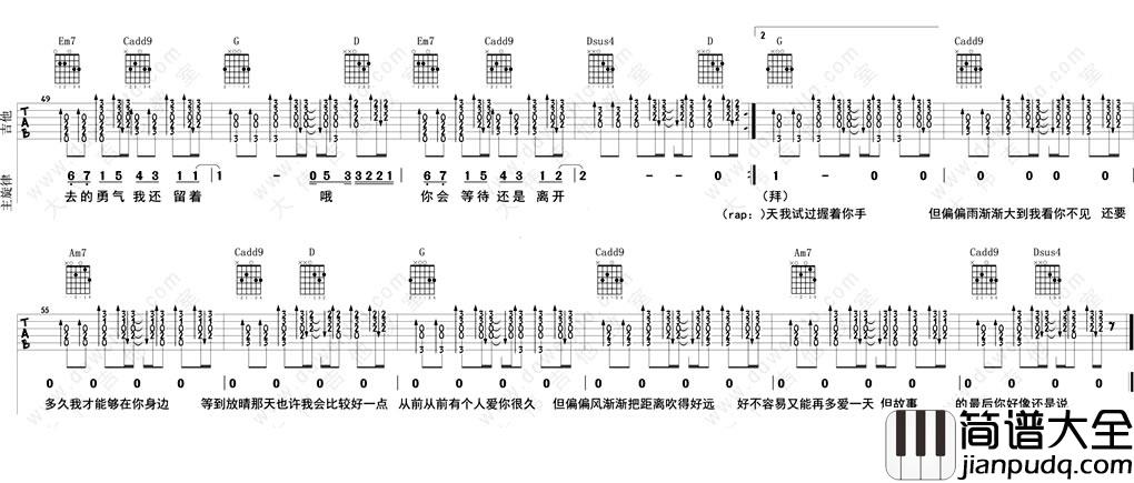 晴天吉他谱(G调弹唱谱)_周杰伦_晴天吉他六线谱