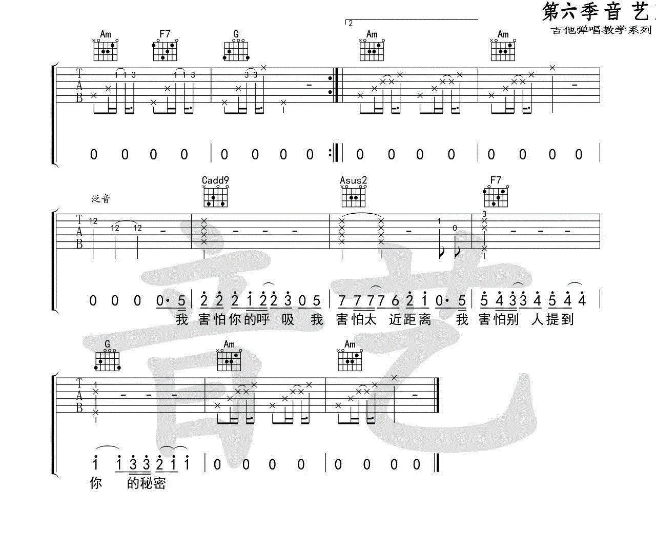 我害怕_薛之谦_C调六线谱标准版_吉他谱_薛之谦_吉他图片谱_高清