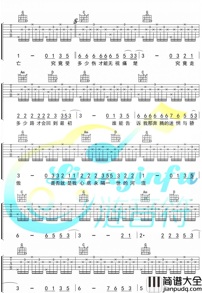 河流_汪峰_河流六线谱_图片谱完整版_吉他谱_汪峰_吉他图片谱_高清