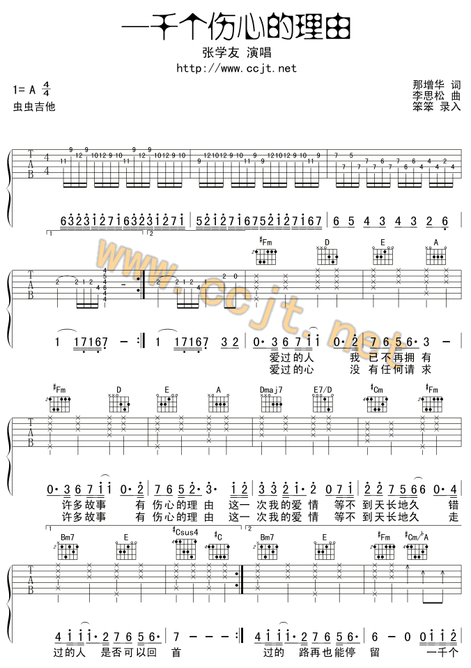 一千个伤心的理由|吉他谱|图片谱|高清|张学友