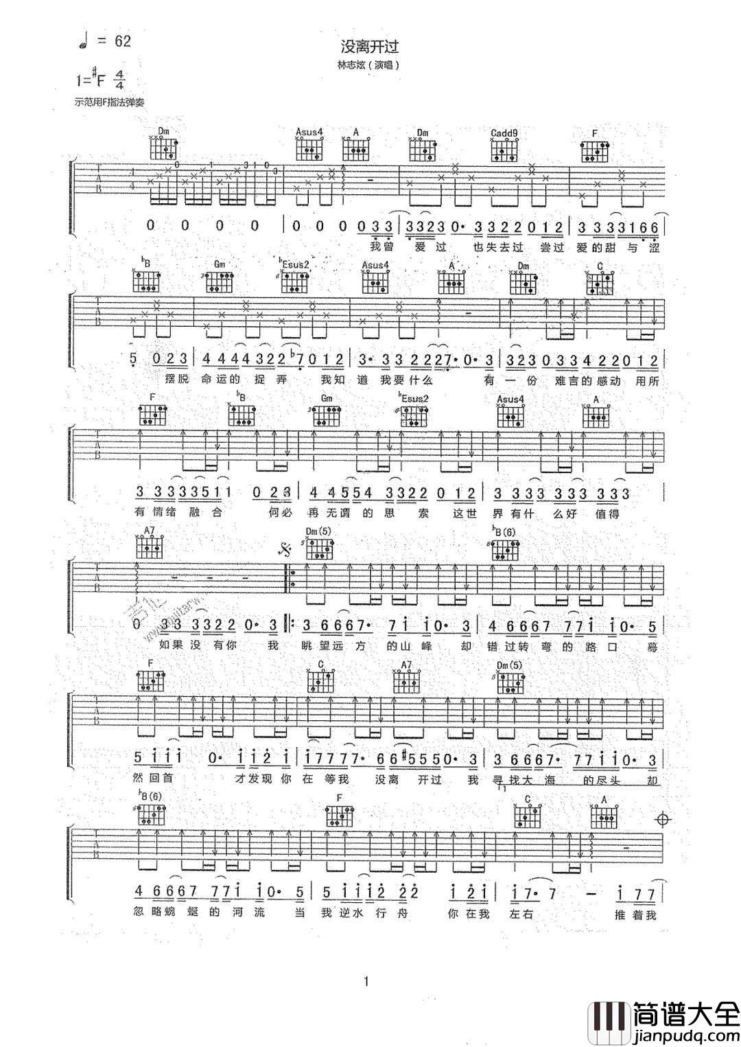 没离开过吉他谱_林志炫_F调原版编配