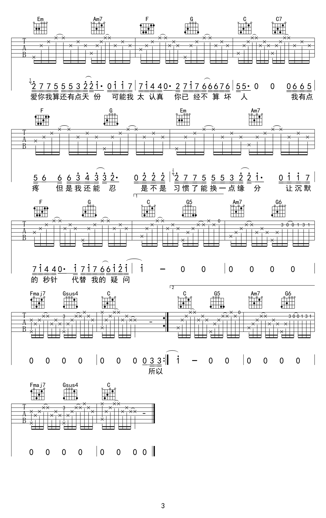 薛之谦_天份_吉他谱_C调六线谱_高清版