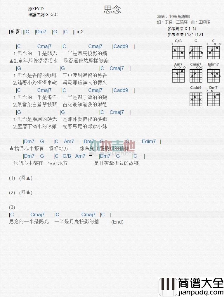 黄绮珊_思念_吉他谱_Guitar_Music_Score