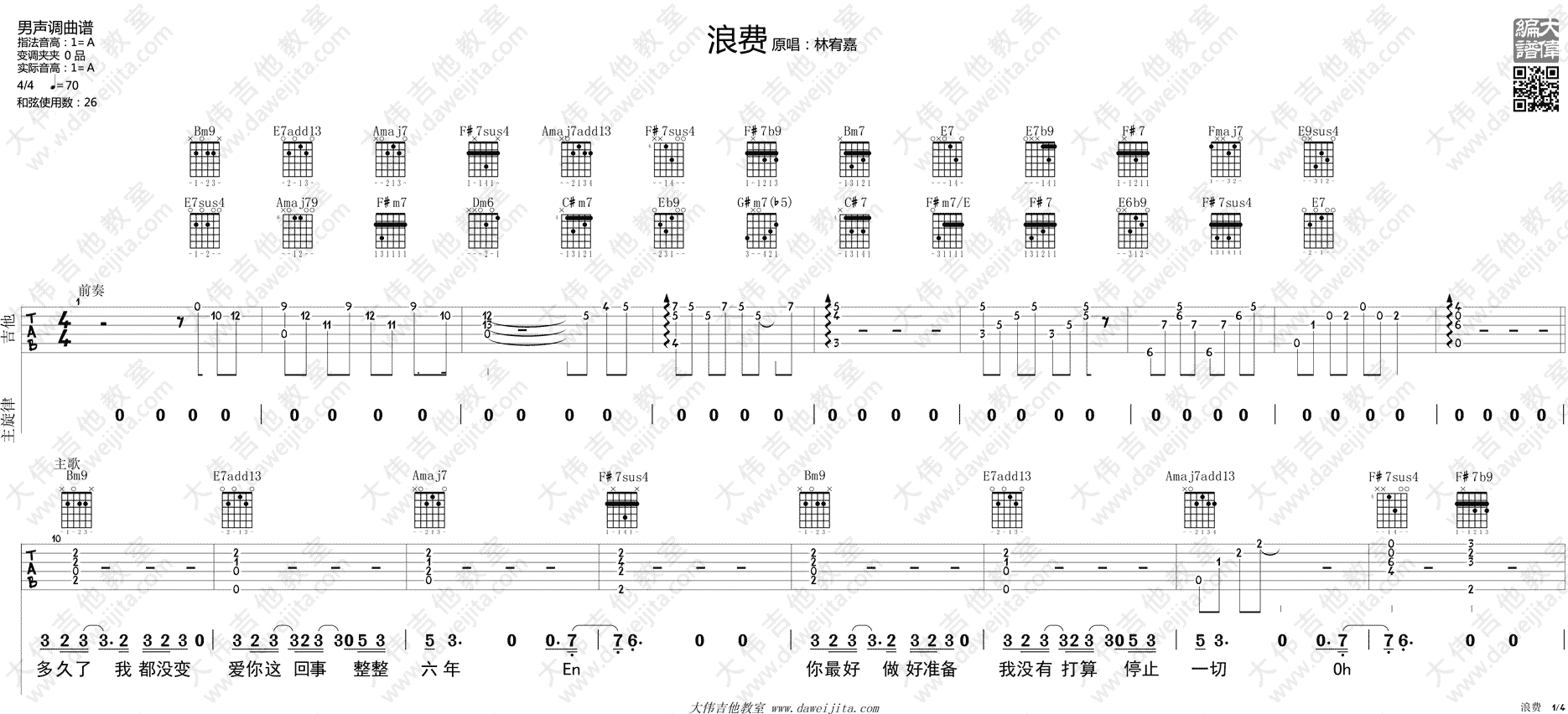 林宥嘉_浪费_吉他谱(A调)_Guitar_Music_Score