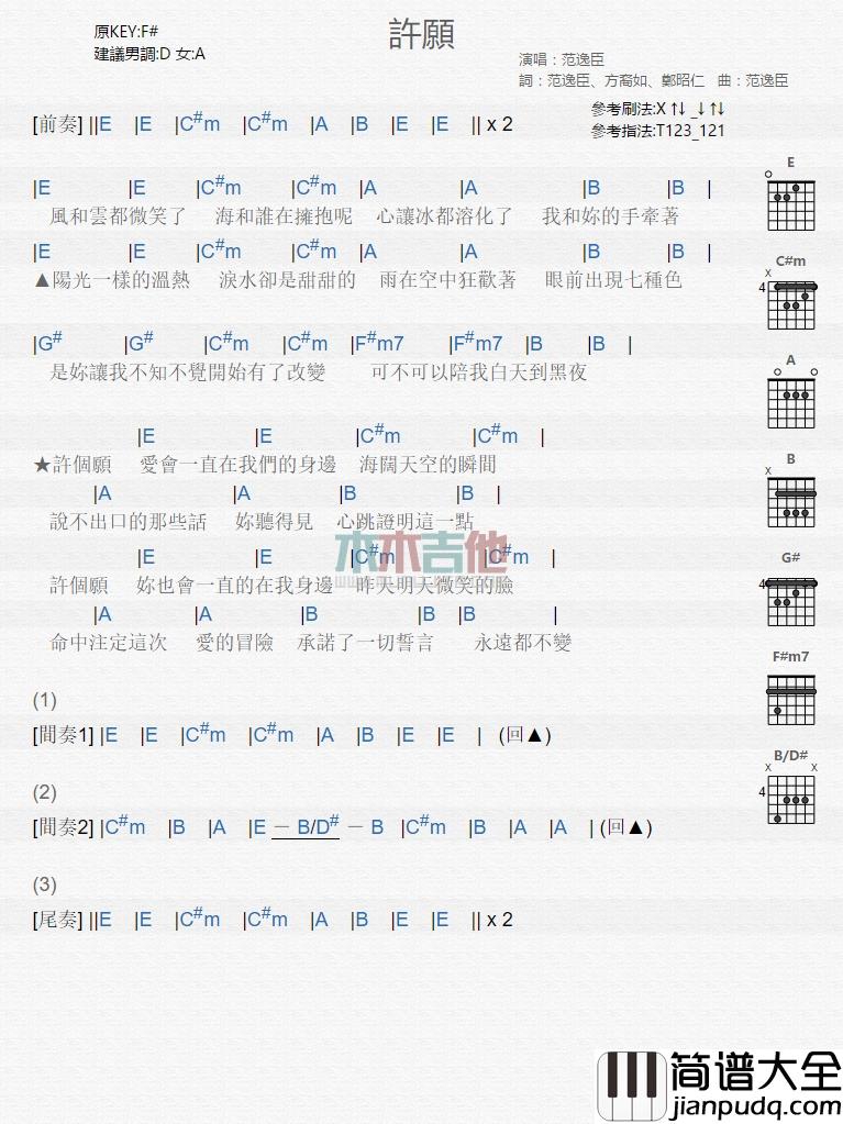 范逸臣_许愿_吉他谱_Guitar_Music_Score