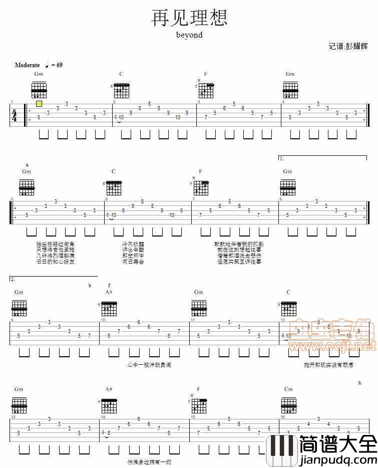 再见理想|beyond|吉他谱|图片谱|高清|BEYOND