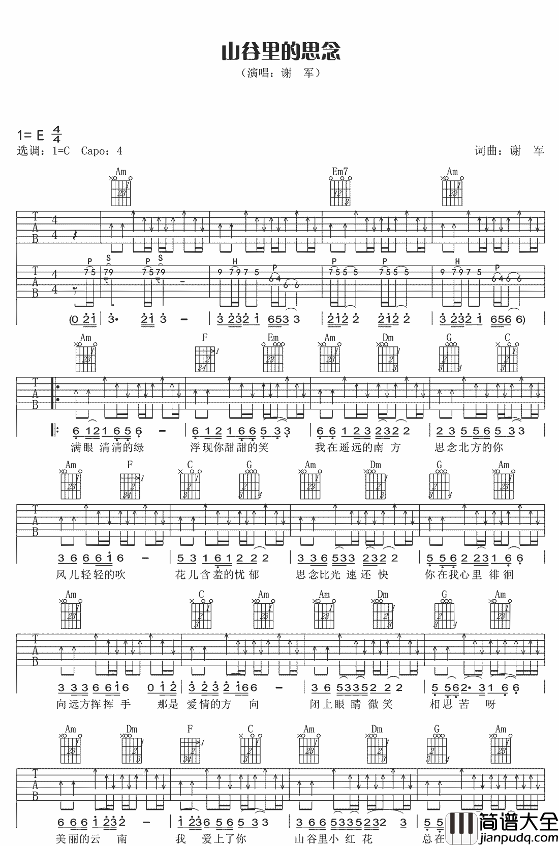 山谷里的思念吉他谱_谢军_C调指法原版编配