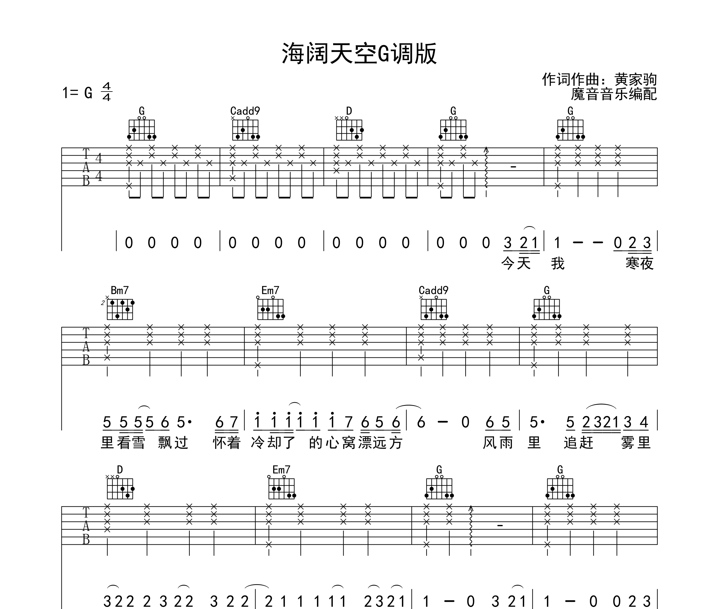 海阔天空吉他谱_Beyond_G调指法版吉他弹唱谱