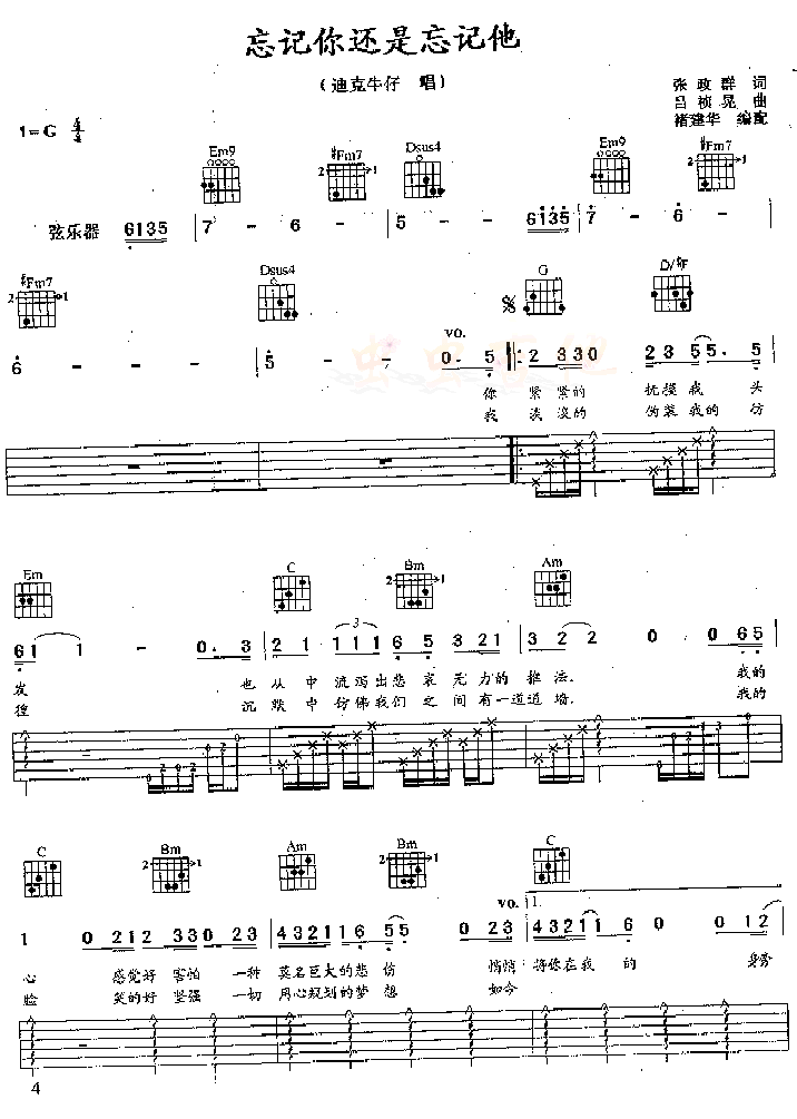 忘记我还忘记他|认证谱|吉他谱|图片谱|高清|迪克牛仔