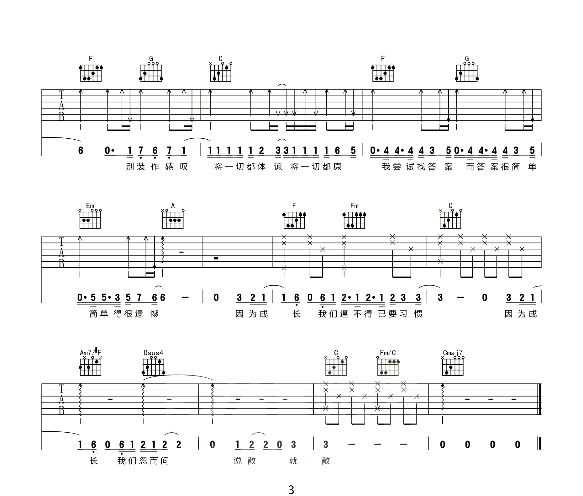 说散就散吉他谱_袁娅维_C调原版编配