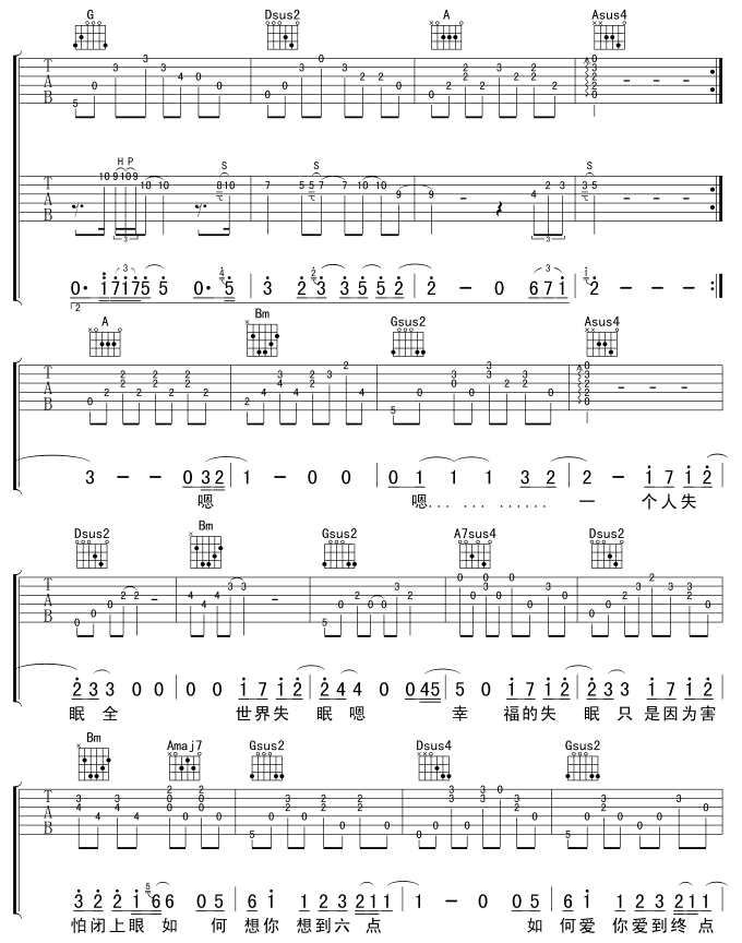 全世界失眠|吉他谱|图片谱|高清|陈奕迅