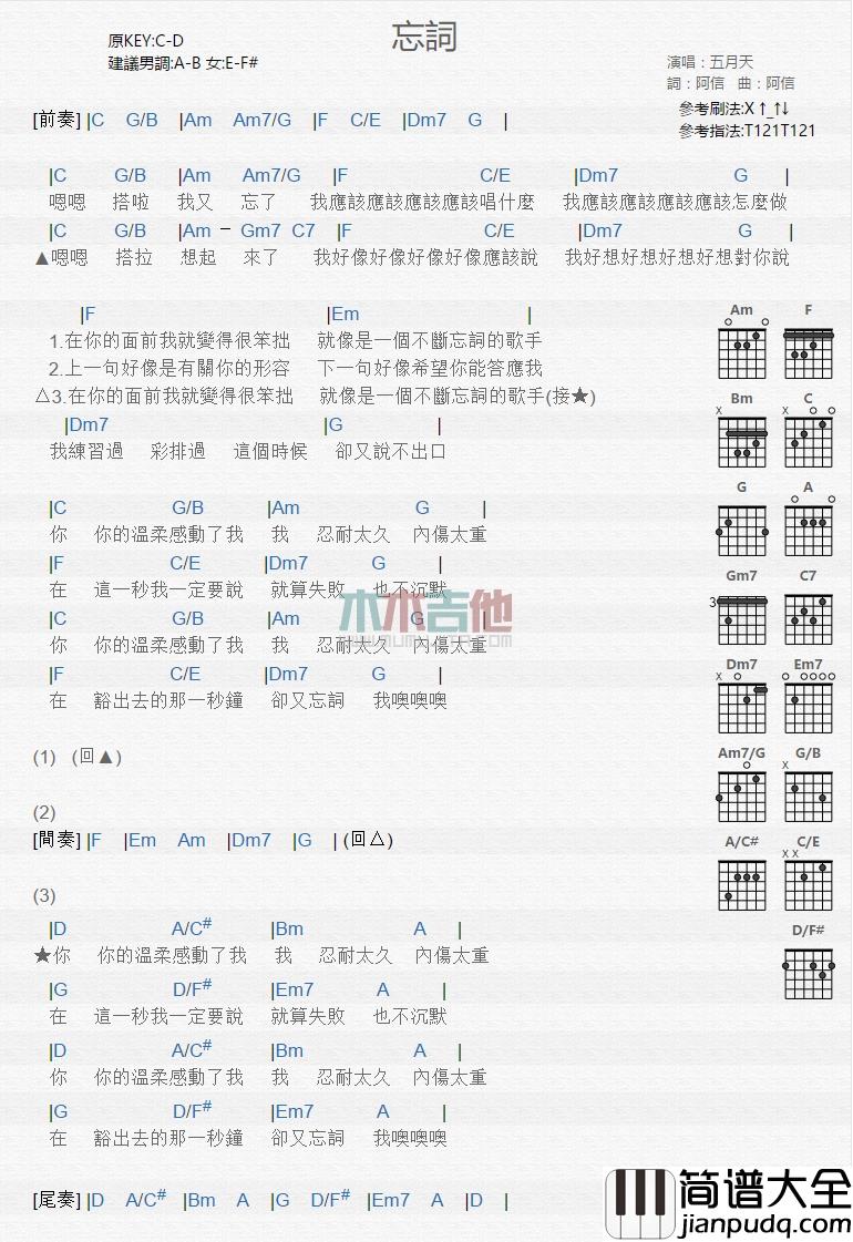 五月天_忘词_吉他谱_Guitar_Music_Score