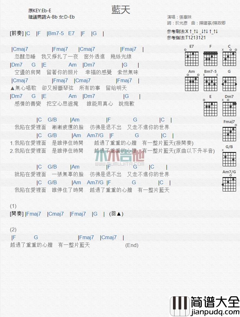 张惠妹_蓝天_吉他谱_Guitar_Music_Score