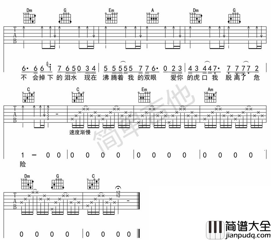 虎口脱险简单版_张磊_C调指法六线谱_吉他谱_群星_吉他图片谱_高清