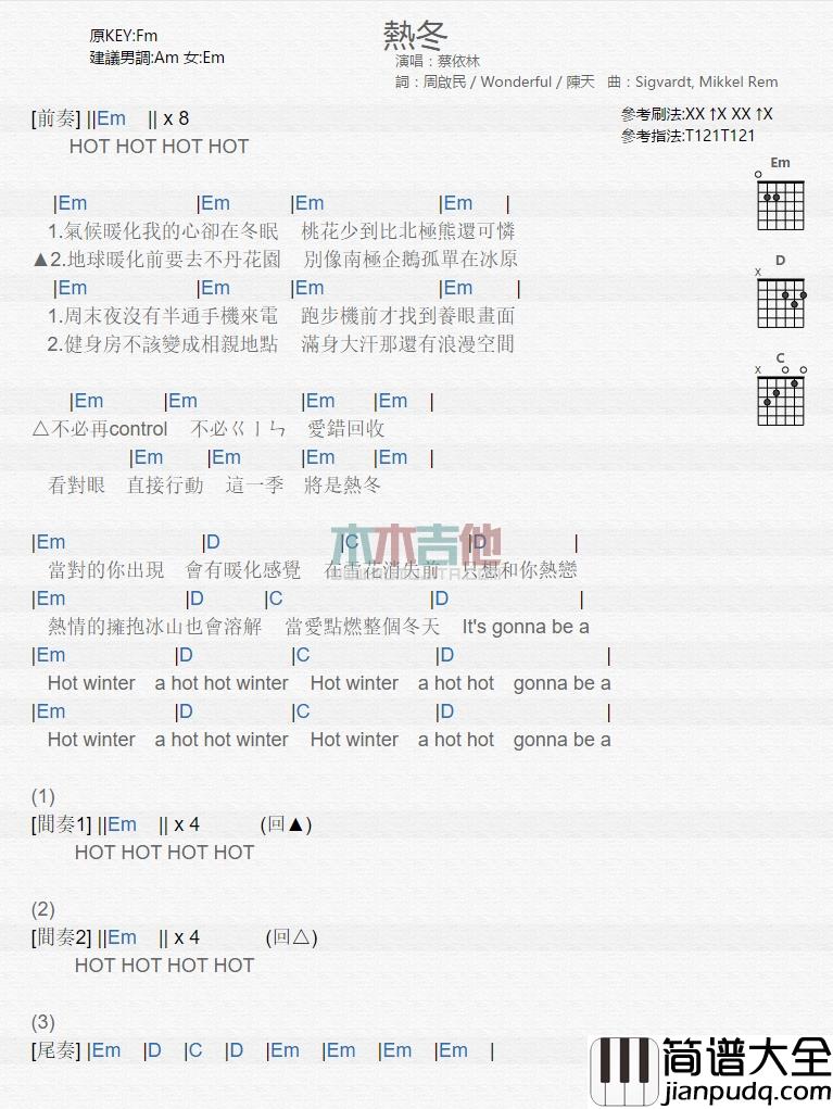 蔡依林_热冬_吉他谱_Guitar_Music_Score