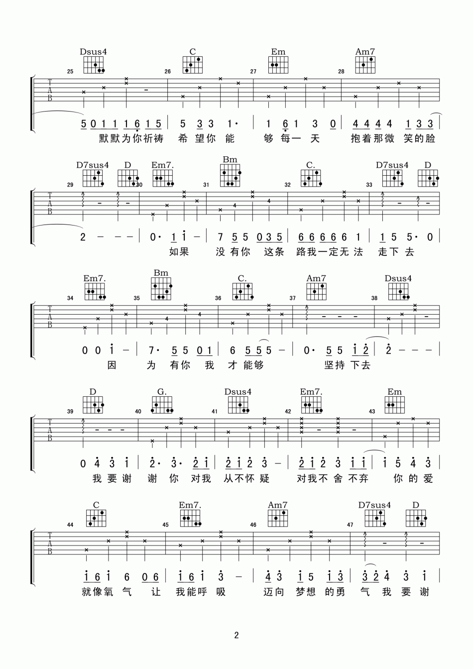 姚俊羽_谢谢你_吉他谱_Guitar_Music_Score