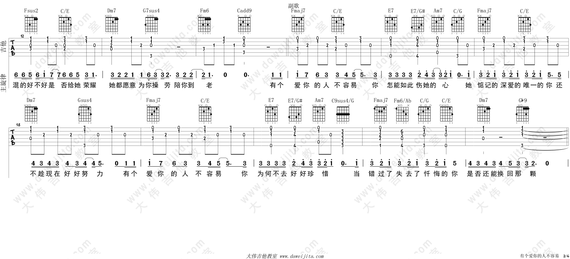 那英_有个爱你的人不容易_吉他谱(C调)_Guitar_Music_Score