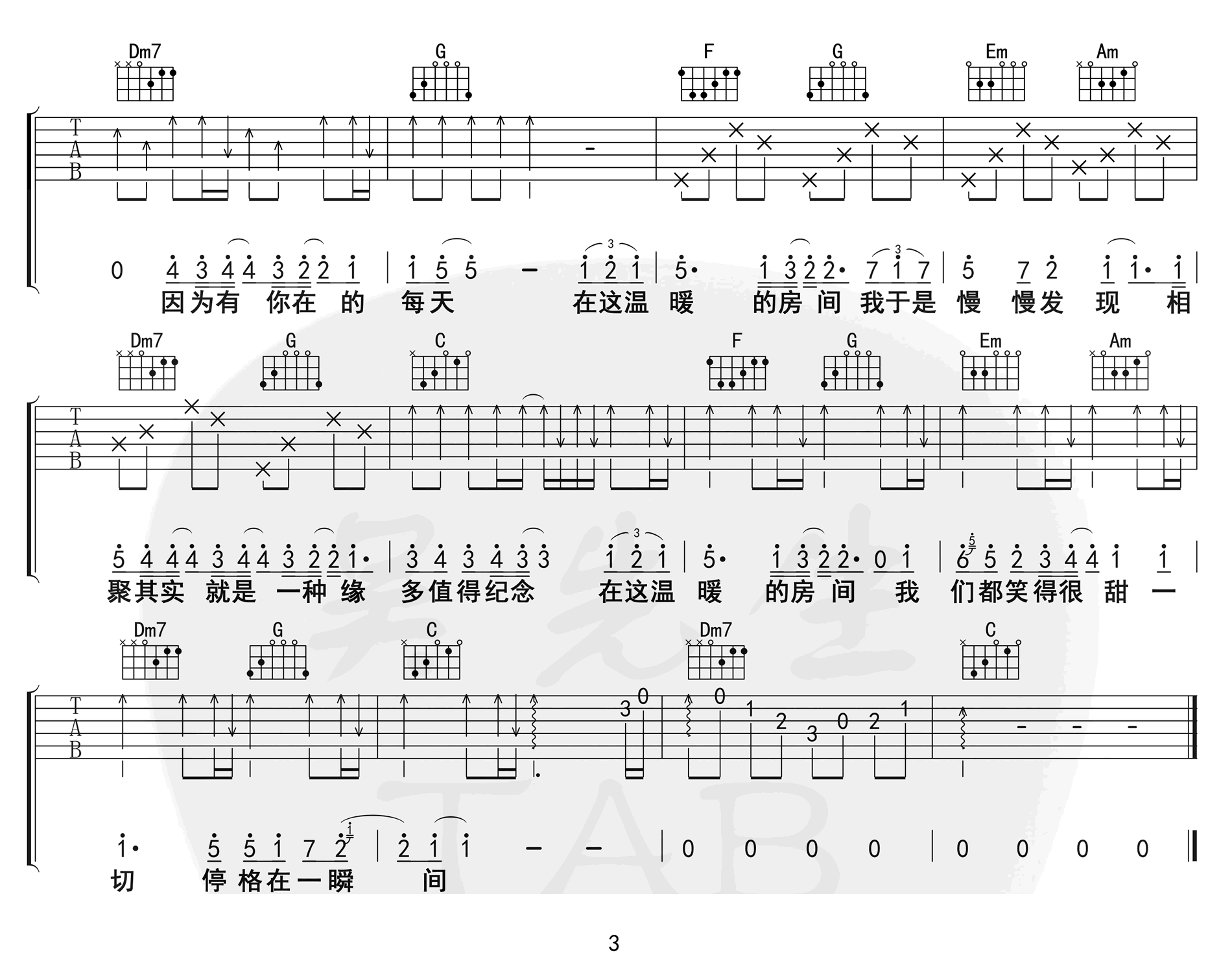 房间吉他谱_刘瑞琦_C调指法原版编配