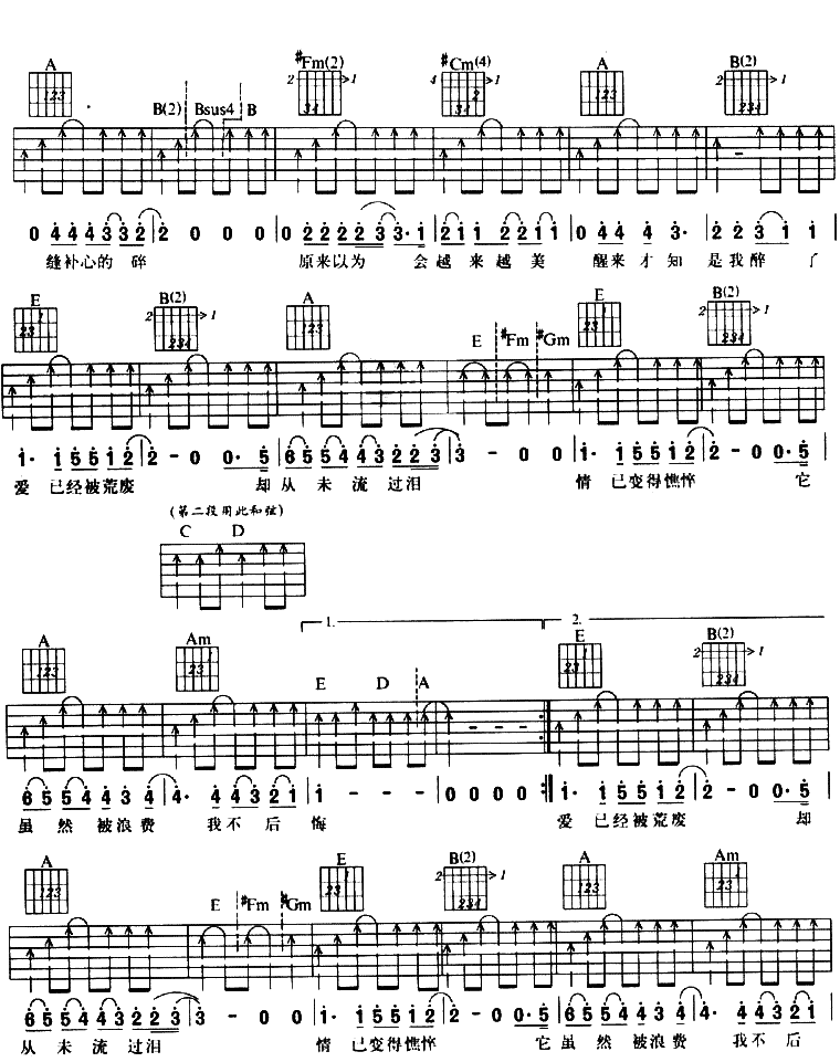 爱不后悔|吉他谱|图片谱|高清|田震