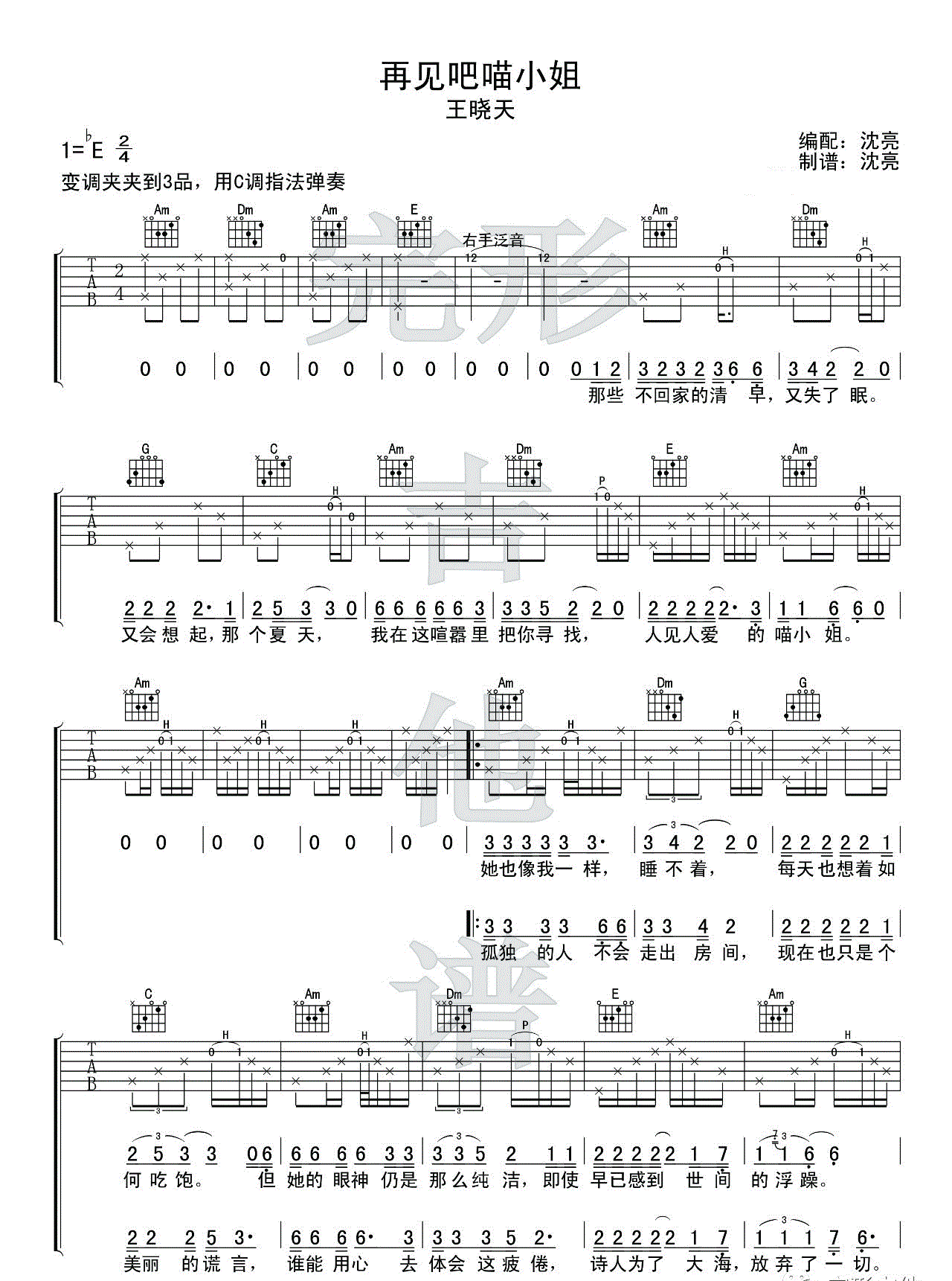 再见吧喵小姐_王晓天_图片谱标准版_吉他谱_王晓天_吉他图片谱_高清