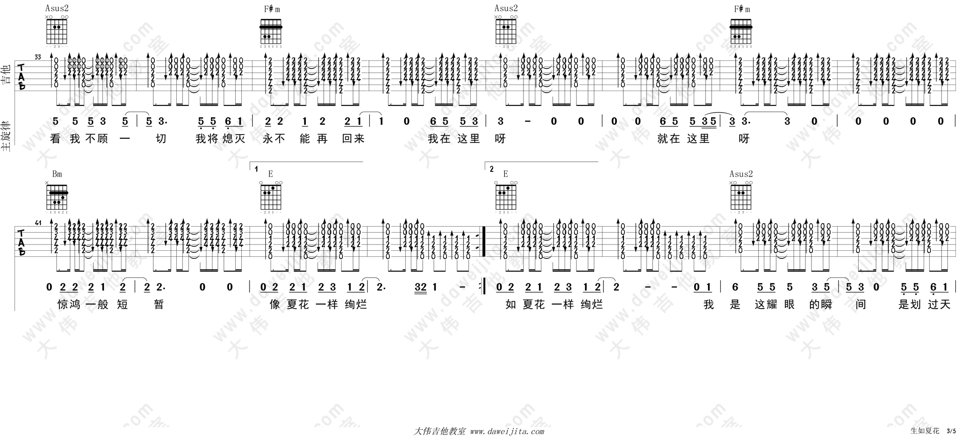 朴树_生如夏花_吉他谱(A调)_Guitar_Music_Score