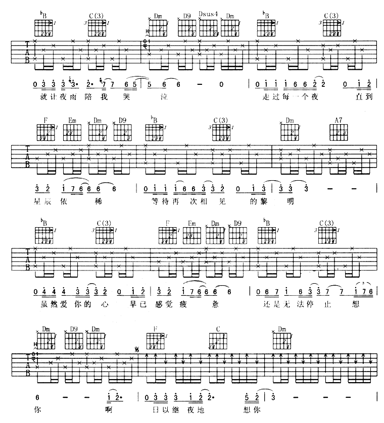 日以继夜的想你|吉他谱|图片谱|高清|孟庭苇