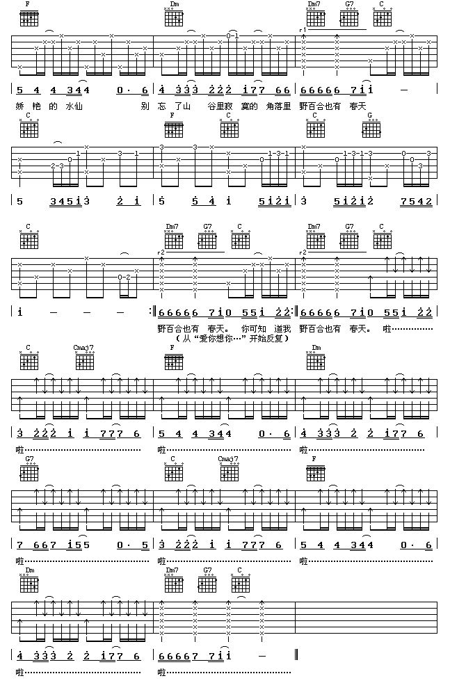 野百合也有春天|吉他谱|图片谱|高清|罗大佑