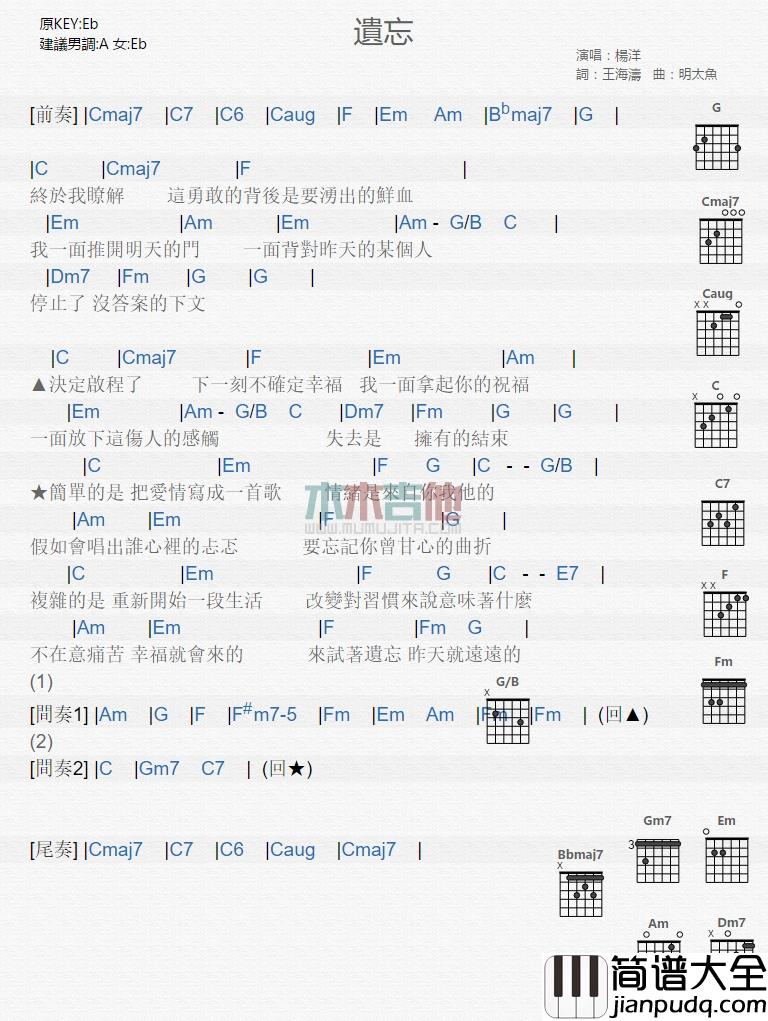 杨洋_遗忘_吉他谱_Guitar_Music_Score